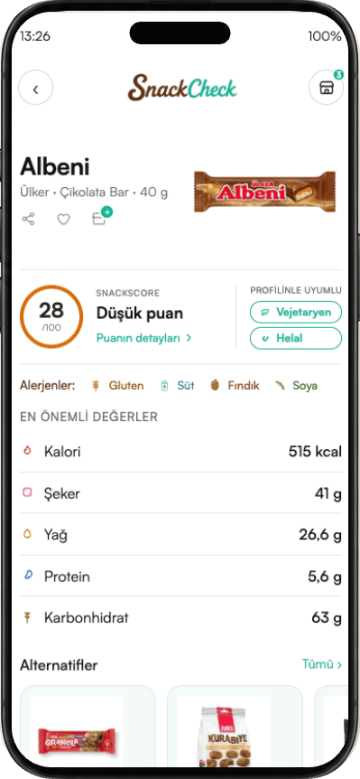 SnackCheck uygulamasında ürün skoru, profil uyumu, alerjenler ve alternatif ürünleri gösteren örnek tarama